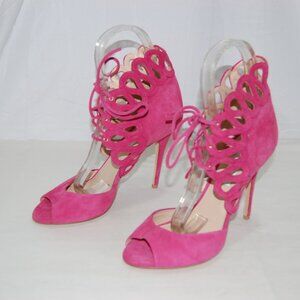 $900❤️39/8.5 Monique Lhuillier Suede High Heels GLADIATOR SANDALS BOOTS ITALY